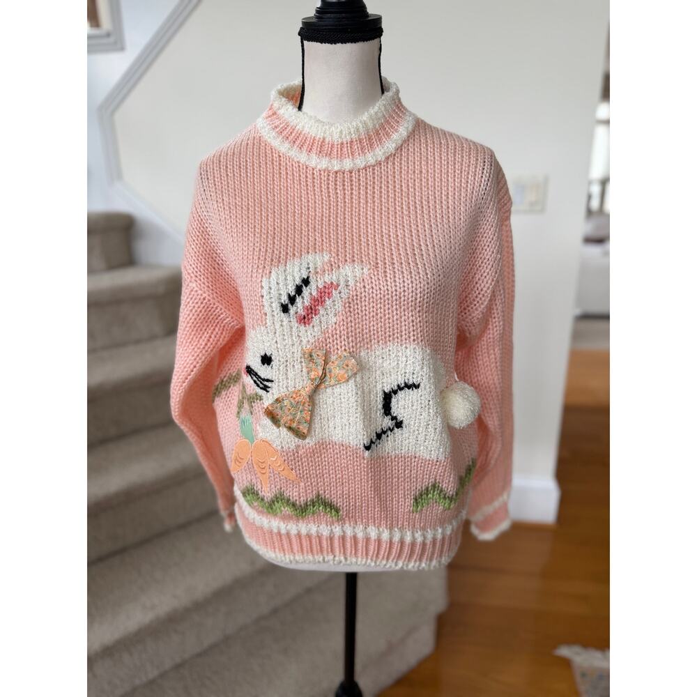 Vintage 90s Pink Hand Knit Bunny Bow Fluffy Tail Long Sleeve Crewneck Sweater